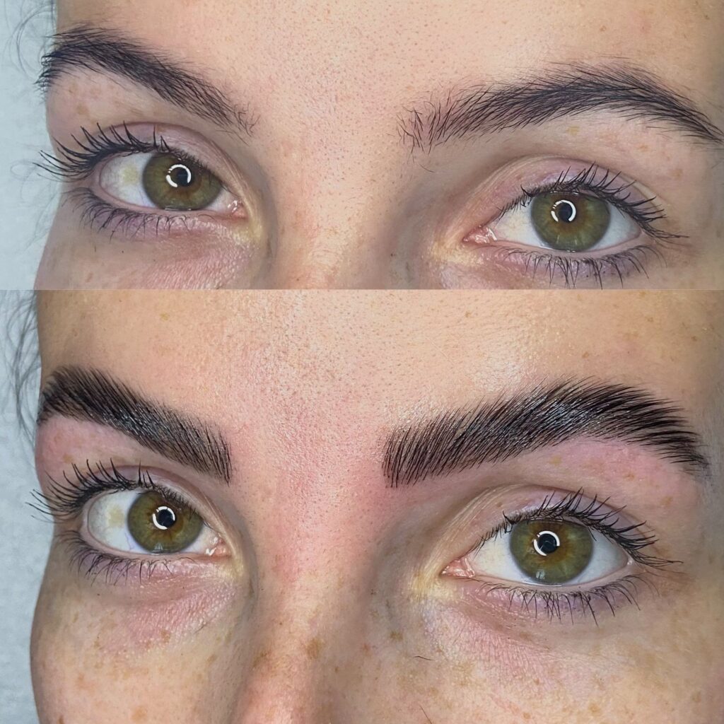 Side-by-side comparison showing the dramatic results of Brow Lamination with fuller and aligned brows.