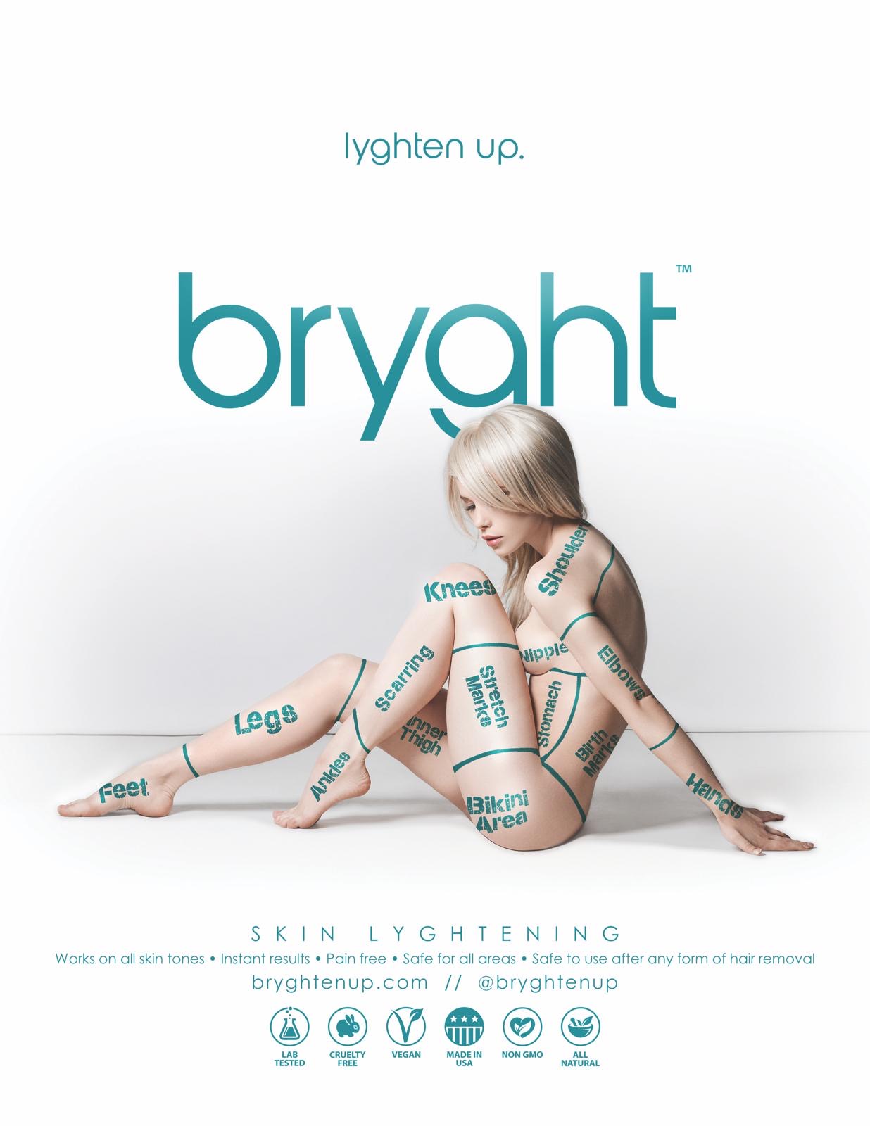 Diagram of areas like knees, elbows, and bikini line for Bryght Brightening Treatment application.